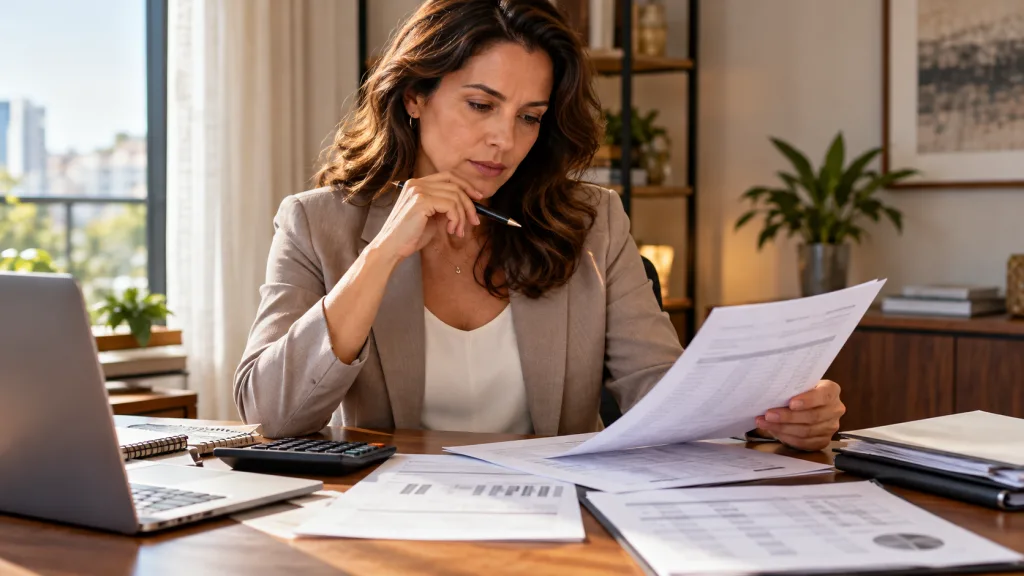 Mulher_analisa_documentos_financeiros_durante divórcio_com_partilha_bens